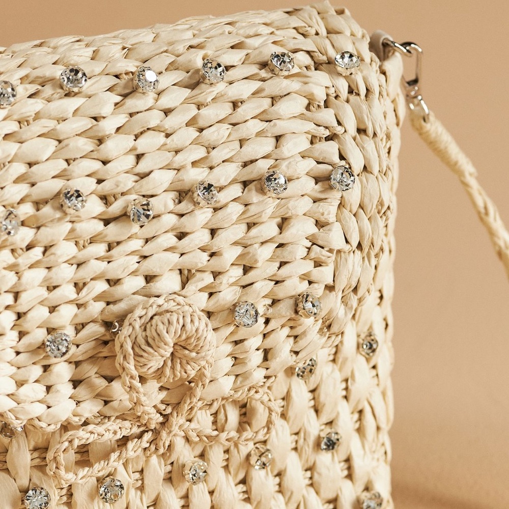 Anthropologie Embellished Straw Crossbody‎ Bag NWT Tan Cream Woven - Picture 3 of 11